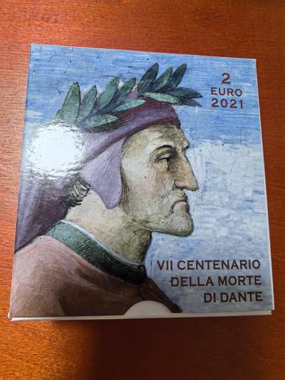 长老汇蛇年精选第三十场拍卖 2021梵蒂冈但丁逝世700周年2欧元精制双金属币，9300枚，盒证全