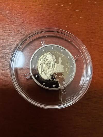 长老汇蛇年精选第三十场拍卖 2021梵蒂冈但丁逝世700周年2欧元精制双金属币，9300枚，盒证全