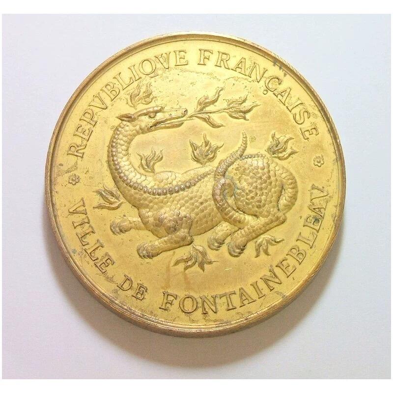 法国1900年前后 欧洲喷火龙+女神高浮雕精制大镀金章 50MM厚5MM