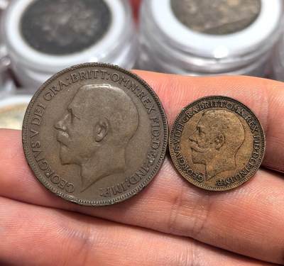 南宋泉阁俄币 外币 国币 专场第十五期【送拍无额外佣金】 - 英国 1921/1920年 乔治五世1便士/1法新铜币一对 通货好品 老包浆