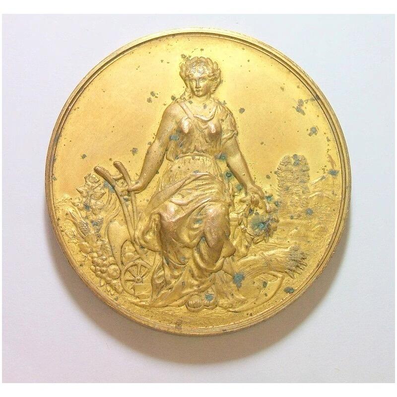 法国1900年前后 欧洲喷火龙+女神高浮雕精制大镀金章 50MM厚5MM
