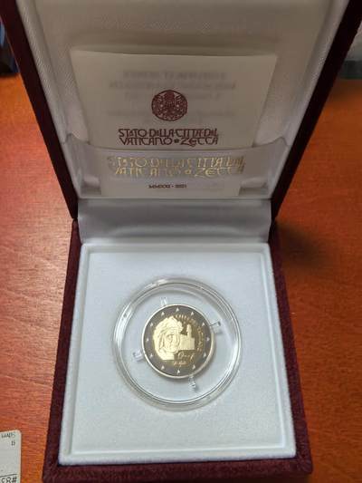 长老汇蛇年精选第三十场拍卖 2021梵蒂冈但丁逝世700周年2欧元精制双金属币，9300枚，盒证全