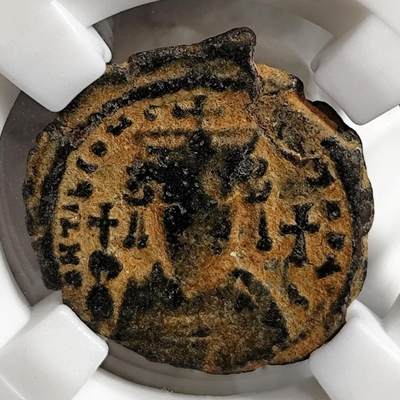 希腊罗马丝路打制币化石【中外钱币放漏】专场！陆小鱼的钱币仓，限时拍卖第072场 - 拜占庭 提比略二世铜币/面值I与铭文