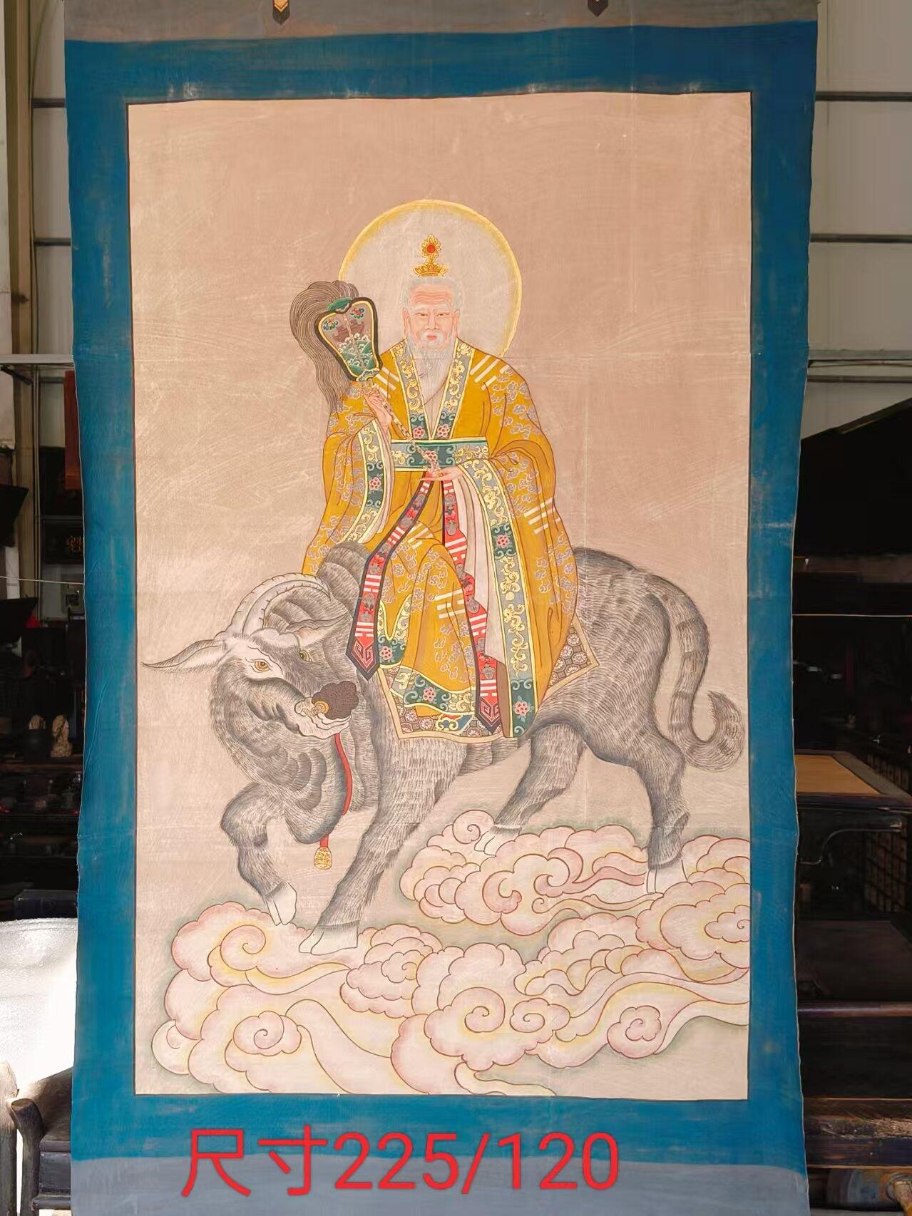  晚清 民间画家画的 精品纯手绘老粗布五彩描金 太上老君 画像一张 画工精湛 人物描绘惟妙惟肖 活灵活现 全品满工 完整包老 尺寸225/120Cm