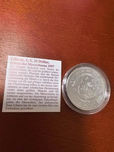 长老汇蛇年精选第三十场拍卖 1997利比里亚海洋生物保护1元彩色铜镍币，2万枚，盒证全