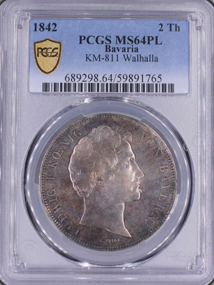 PCGS-MS64PL 1842 巴伐利亚-瓦哈拉2泰勒银币