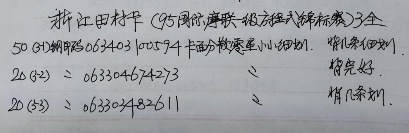 公藏第54期裸卡拍卖 浙江田村卡（95国际摩托艇锦标赛）3全品相钢印码见描述。
