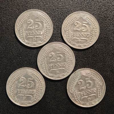 【德藏】世界币章拍卖第140期（拍品征集中~欢迎藏友联系） - 5枚一组 1909,10,11年 德意志帝国25芬尼镍币 涵盖A,D,E,F,G厂 直径约：23mm/枚；重约：3.8g/枚