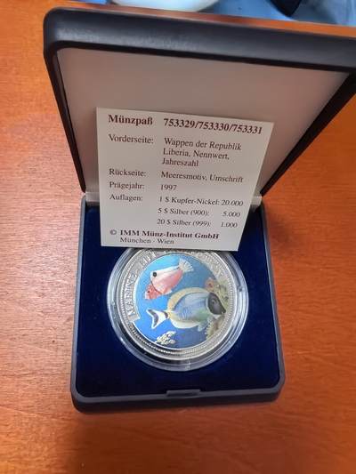 长老汇蛇年精选第三十场拍卖 1997利比里亚海洋生物保护1元彩色铜镍币，2万枚，盒证全