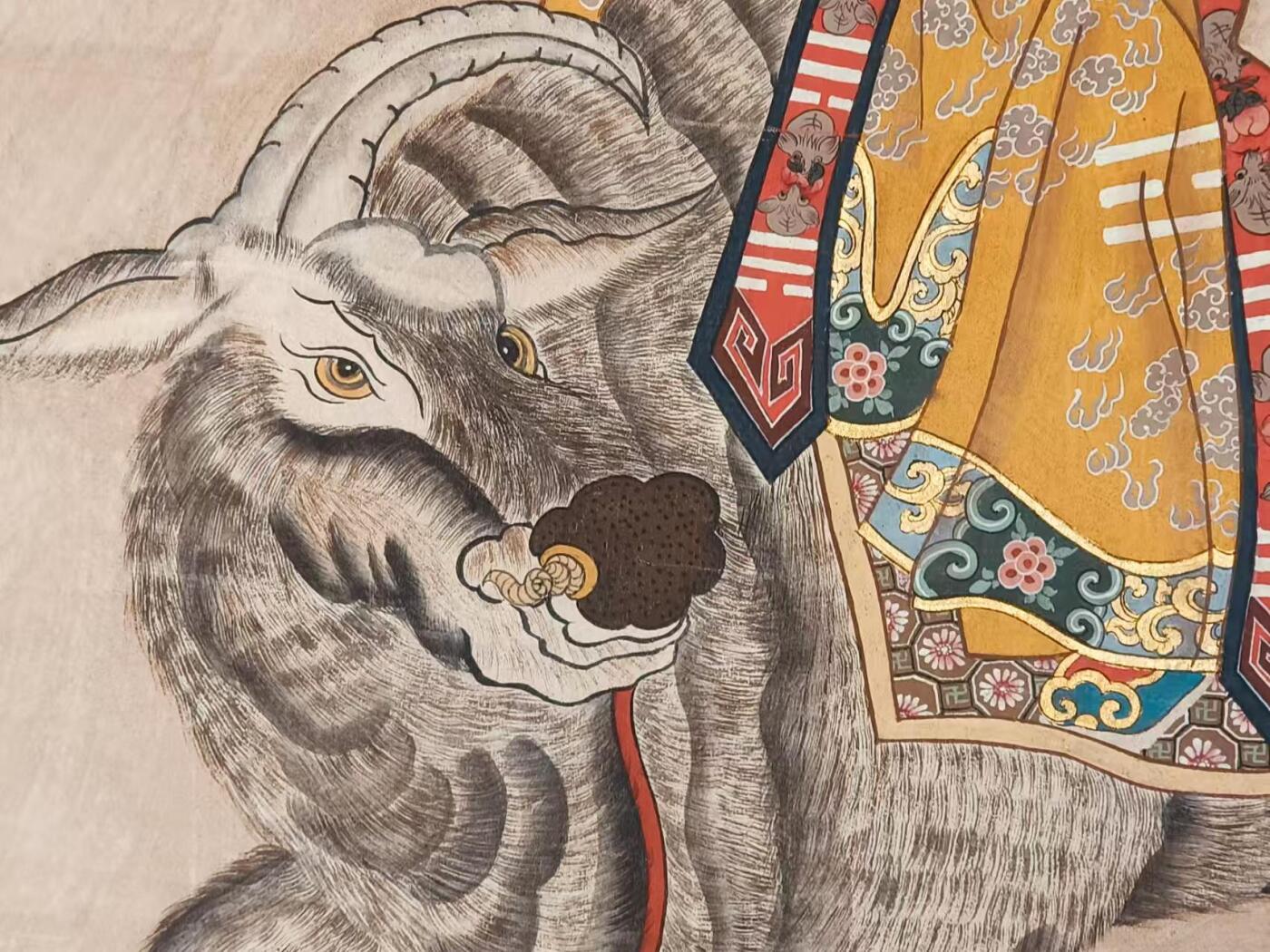  晚清 民间画家画的 精品纯手绘老粗布五彩描金 太上老君 画像一张 画工精湛 人物描绘惟妙惟肖 活灵活现 全品满工 完整包老 尺寸225/120Cm