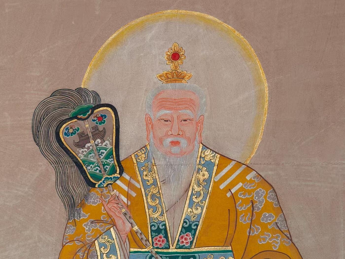  晚清 民间画家画的 精品纯手绘老粗布五彩描金 太上老君 画像一张 画工精湛 人物描绘惟妙惟肖 活灵活现 全品满工 完整包老 尺寸225/120Cm
