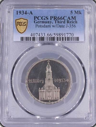PCGS-PR66CAM 1934-A 德国第三帝国教堂 (日期) 5马克精制银币 - PCGS-PR66CAM 1934-A 德国第三帝国教堂 (日期) 5马克精制银币