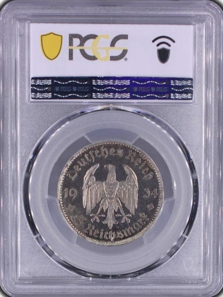 PCGS-PR66CAM 1934-A 德国第三帝国教堂 (日期) 5马克精制银币
