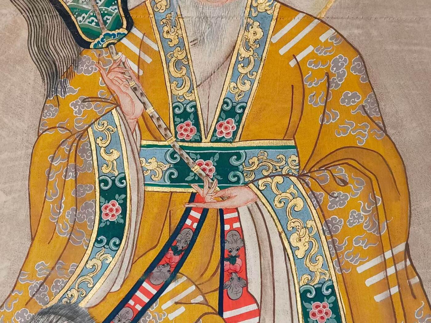  晚清 民间画家画的 精品纯手绘老粗布五彩描金 太上老君 画像一张 画工精湛 人物描绘惟妙惟肖 活灵活现 全品满工 完整包老 尺寸225/120Cm