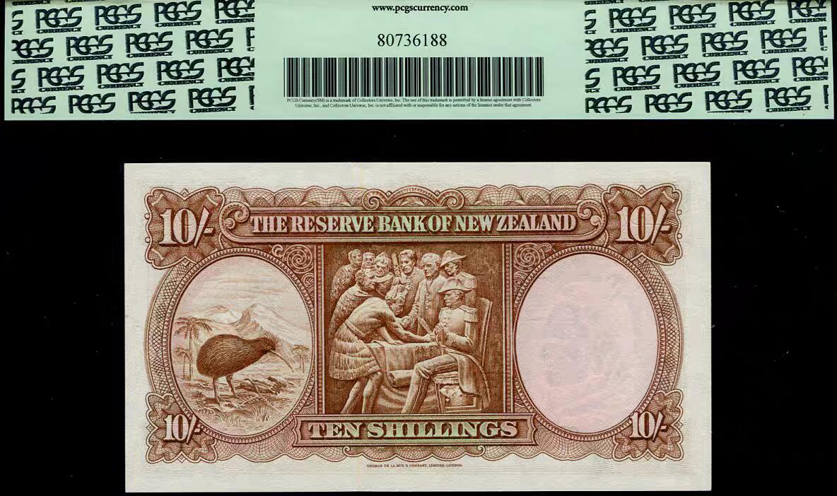 3月17号晚上8点 外国纸币自动截拍第40场 全新UNC 新西兰 1940-1967年10先令 65PPQ