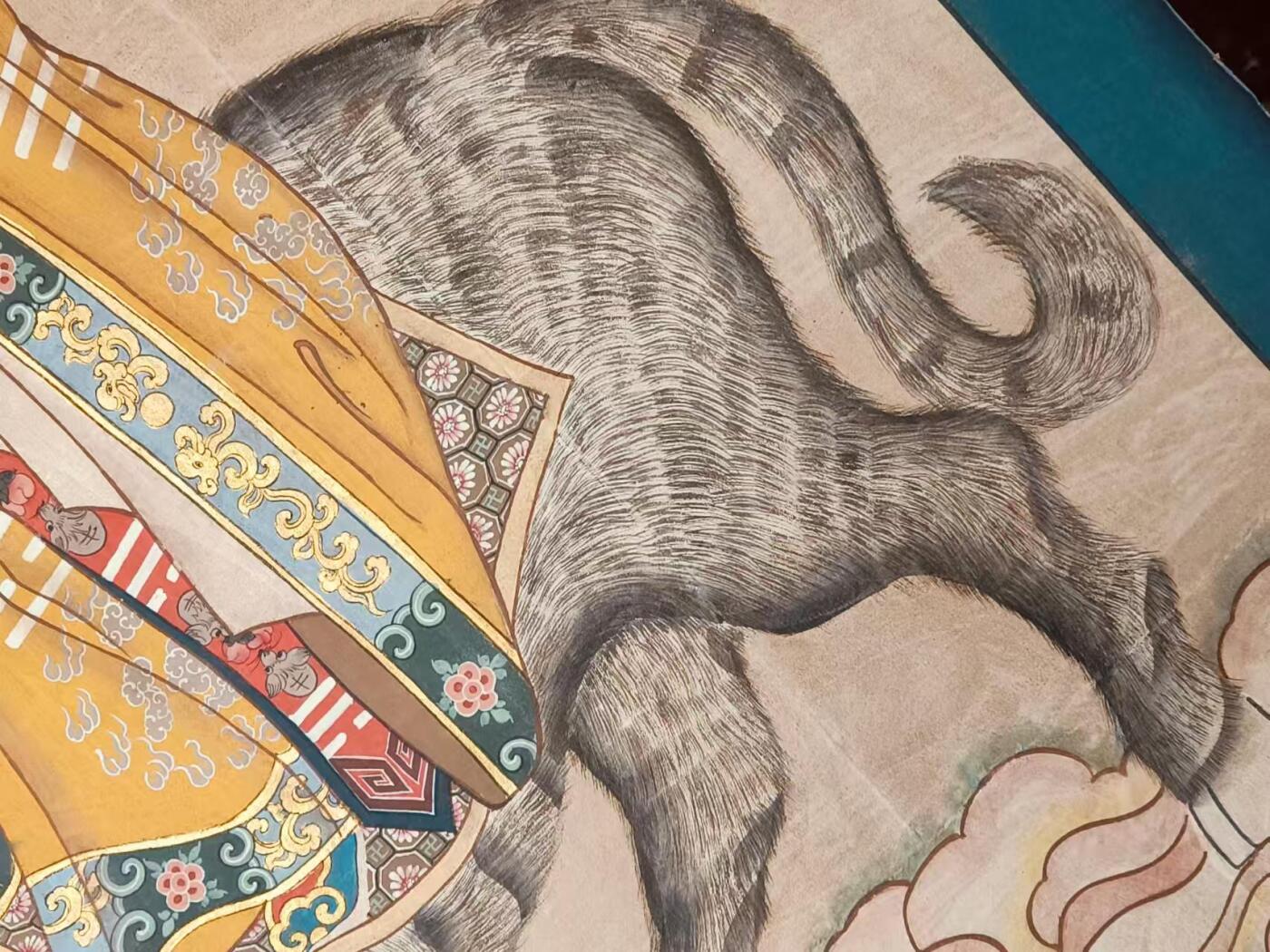  晚清 民间画家画的 精品纯手绘老粗布五彩描金 太上老君 画像一张 画工精湛 人物描绘惟妙惟肖 活灵活现 全品满工 完整包老 尺寸225/120Cm
