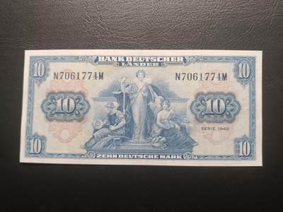 2025八月第一期（总186期） - 德国1949版10马克AUNC，后期“德意志银行”抬头，机械/法律/建筑之神