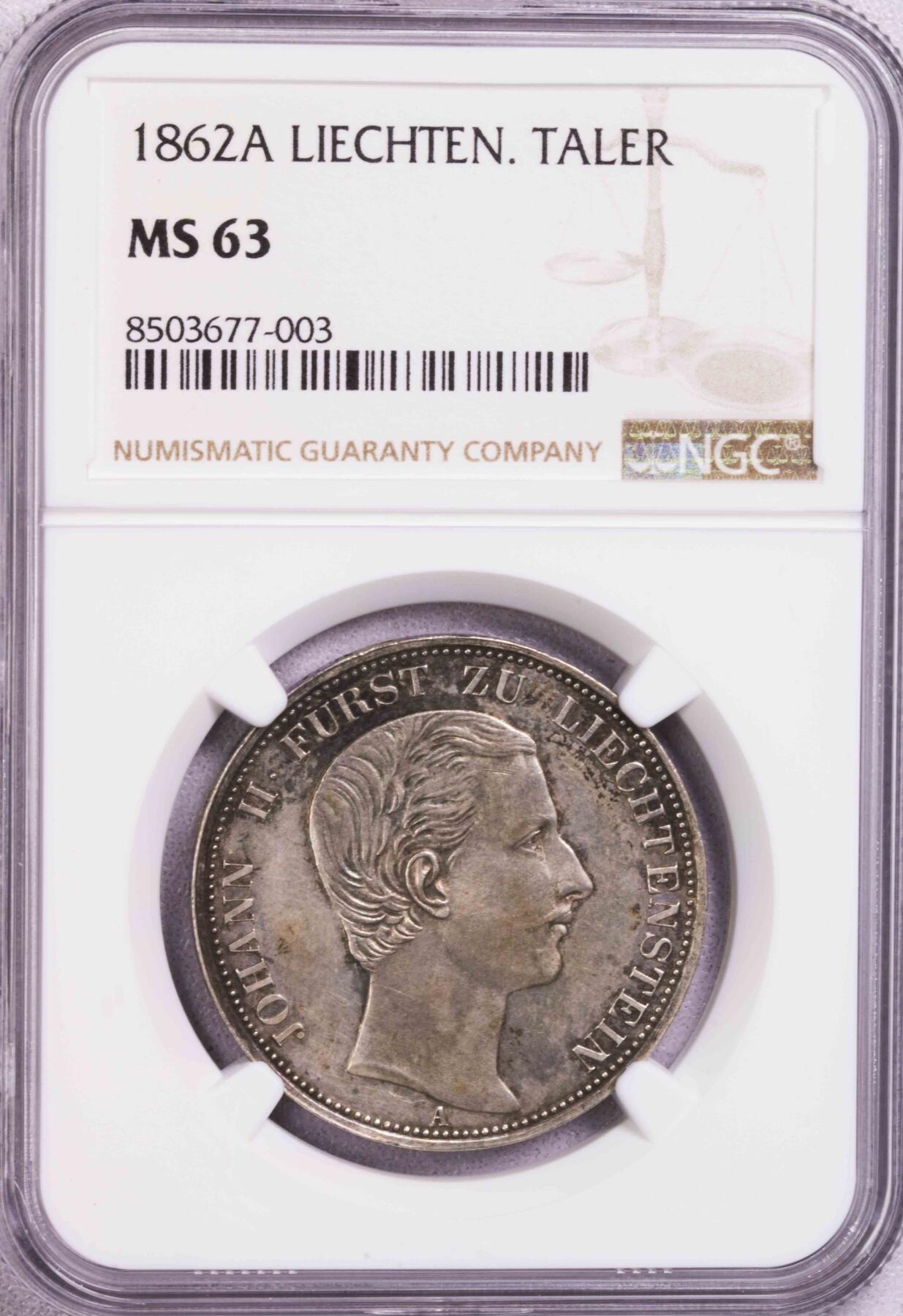 NGC-MS63 1862列支敦士登约翰二世泰勒银币纸袋包浆