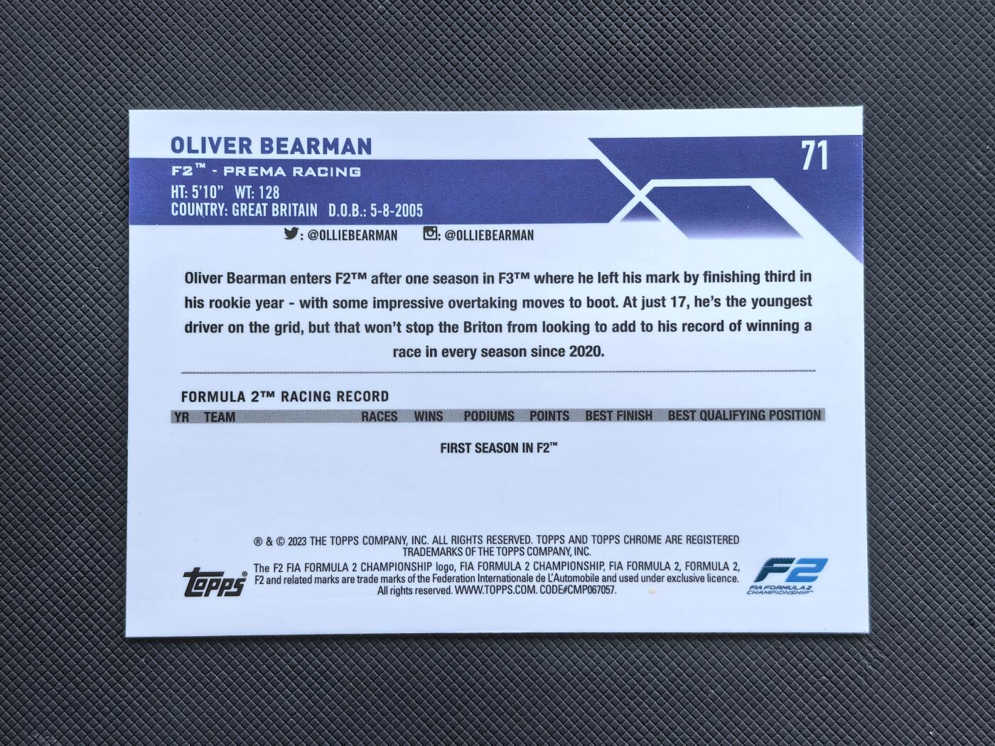 【博洋堂】卡牌拍卖专场第002期 2023 Topps Chrome F1 赛车卡 贝尔曼 哈斯车队 未来之星 定妆照 376/399编