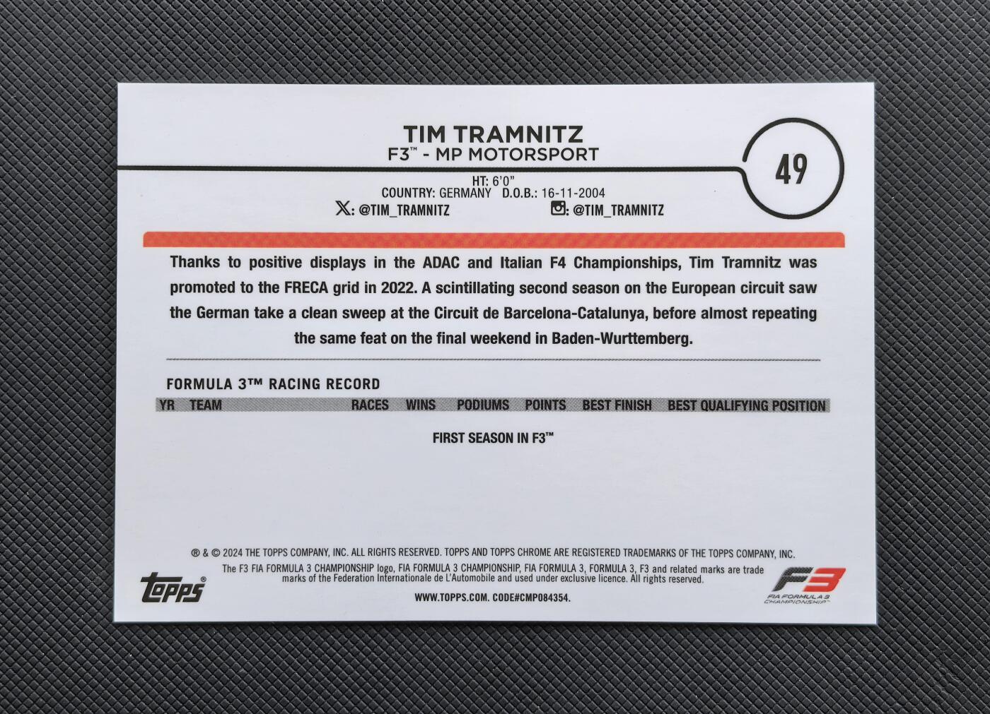 【博洋堂】卡牌拍卖专场第002期 2024 Topps Chrome F1 赛车卡 特拉姆尼茨 红牛青训车手 未来之星 定妆照 18/25编 橙格子折