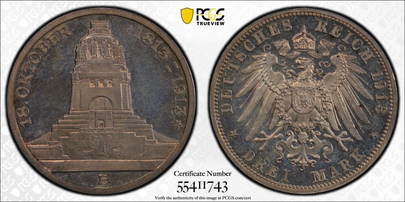 万国钱币拍卖第050期（万国五十期纪念大拍） PCGS PR63CAM 1913德国萨克森莱比锡建功碑精制3马克 经典品种 原味香槟金彩 精制镜面底板