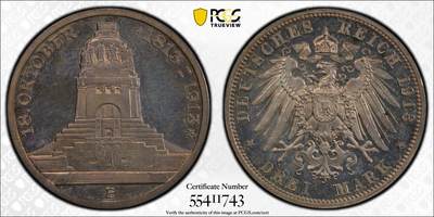 万国钱币拍卖第050期（万国五十期纪念大拍） - PCGS PR63CAM 1913德国萨克森莱比锡建功碑精制3马克 经典品种 原味香槟金彩 精制镜面底板