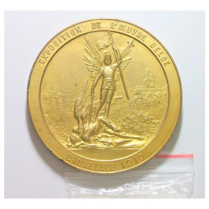 【艺术】比利时艺术大章1910年 阿尔贝一世+女神天使高浮雕精制超大镀金章 60MM