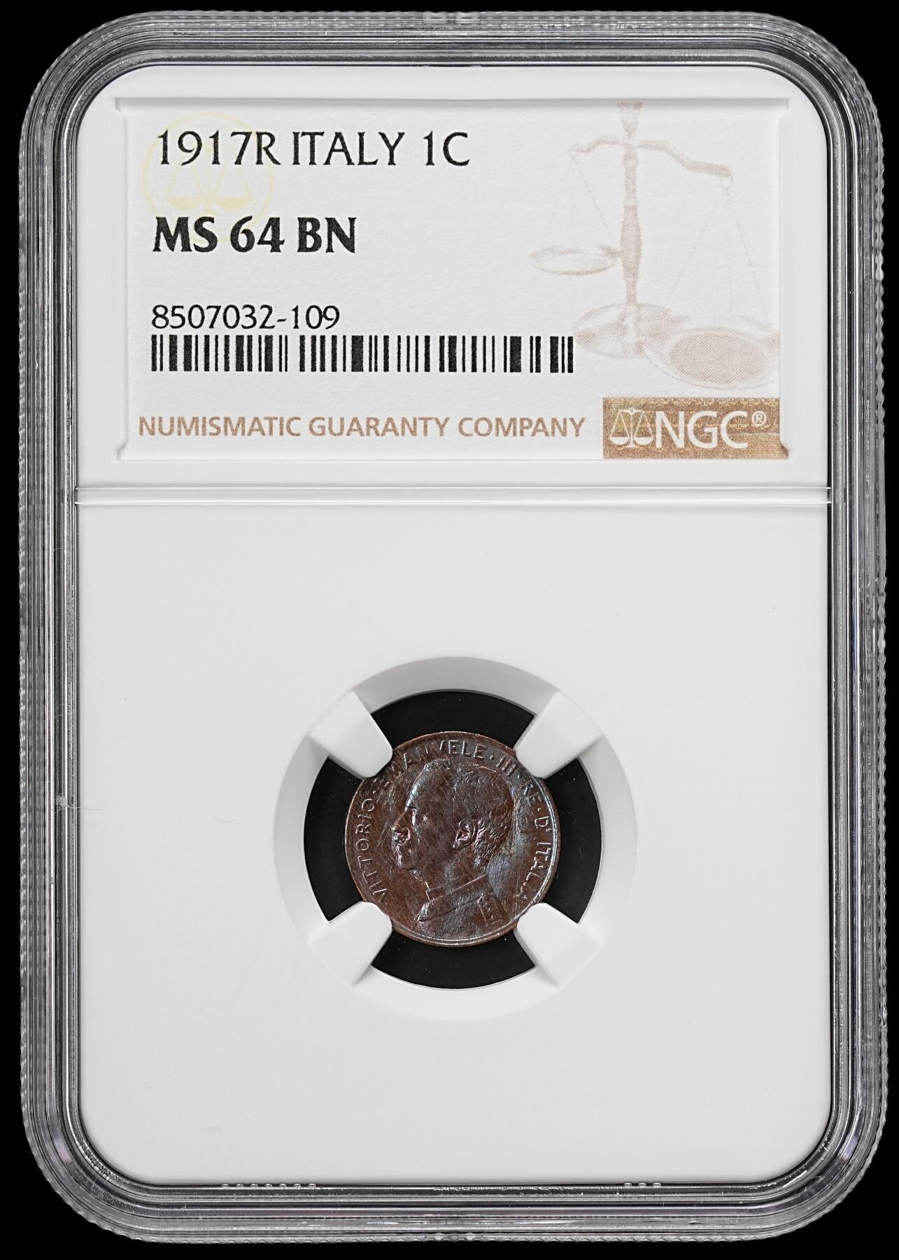 修遠堂世界钱币第七十九期 NGC MS64BN 1917年意大利1分铜币