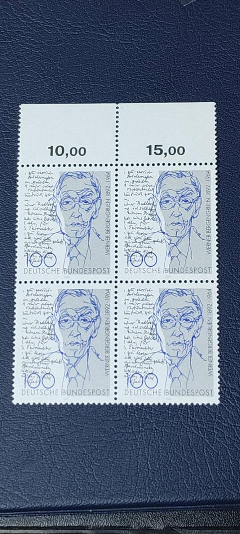 德国邮票专场，都是四方联人物题材 德国邮票四方联一张，1992年发行，作家贝尔根吕诞生百年  。品相如图