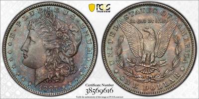 万国钱币拍卖第050期（万国五十期纪念大拍） - PCGS MS63 1887年美国摩根女神一美元银币 均匀五彩原味包浆