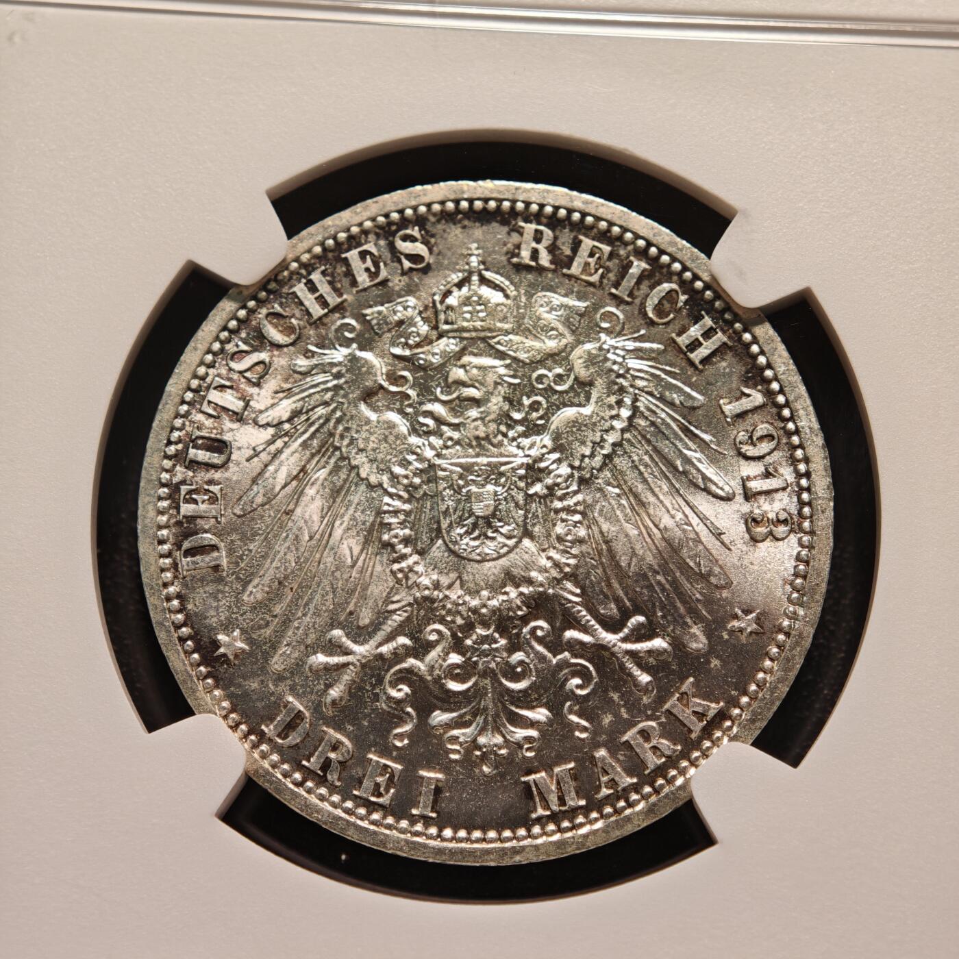 【德藏】世界币章拍卖第140期（拍品征集中~欢迎藏友联系） 1913年 德国普鲁士威廉二世军装3马克银币 NGC MS63