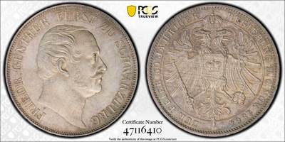 万国钱币拍卖第050期（万国五十期纪念大拍） - PCGS MS63 1864年德国施瓦茨堡-鲁多尔斯塔特双头鹰1泰勒 极致欧陆均匀五彩 仅单年发行4500枚 小邦中的稀缺品种