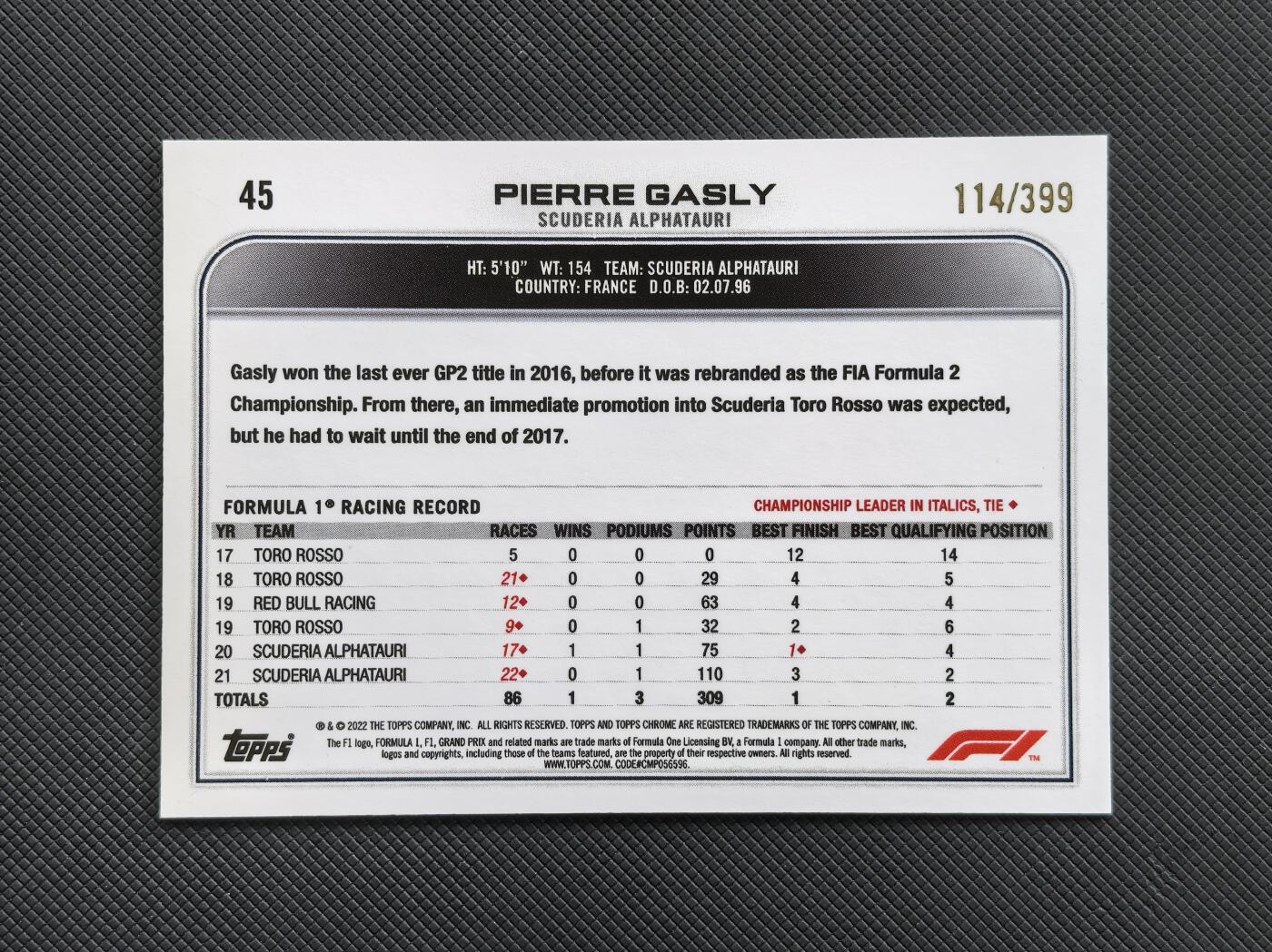【博洋堂】卡牌拍卖专场第002期 2022 Topps Chrome F1 赛车卡 加斯利 小红牛车队 114/399编 紫折