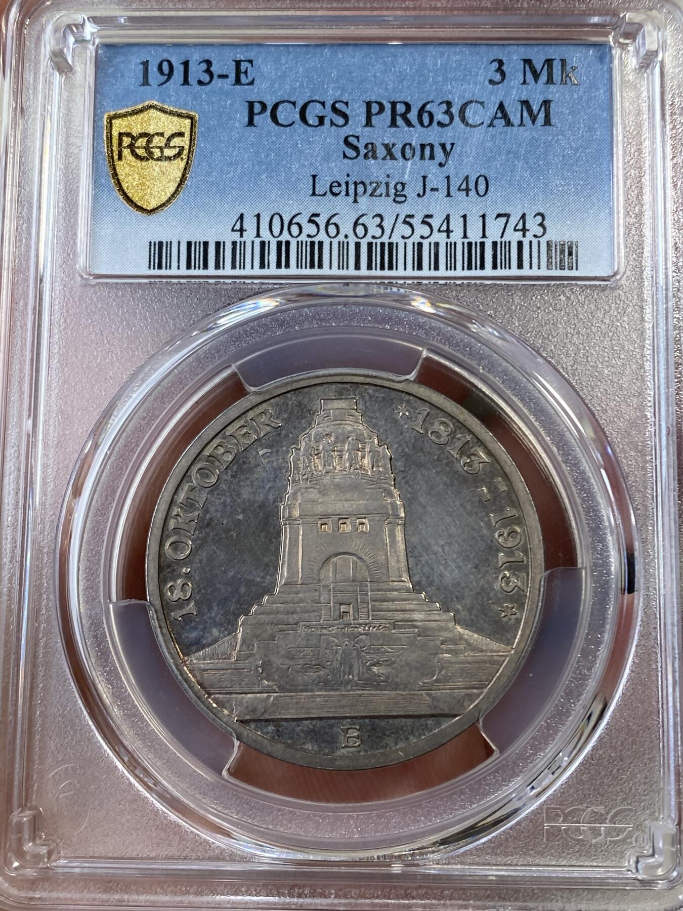 万国钱币拍卖第050期（万国五十期纪念大拍） PCGS PR63CAM 1913德国萨克森莱比锡建功碑精制3马克 经典品种 原味香槟金彩 精制镜面底板