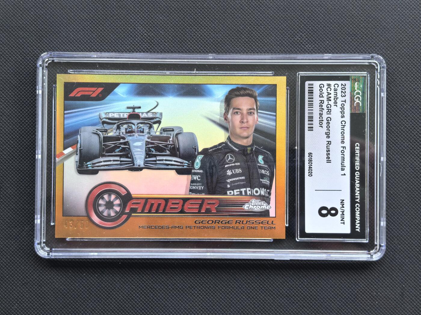 【博洋堂】卡牌拍卖专场第002期 2023 Topps Chrome F1 赛车卡 拉塞尔 梅赛德斯奔驰车队 Camber特卡 43/50编 金折 低编 CGC评级8分