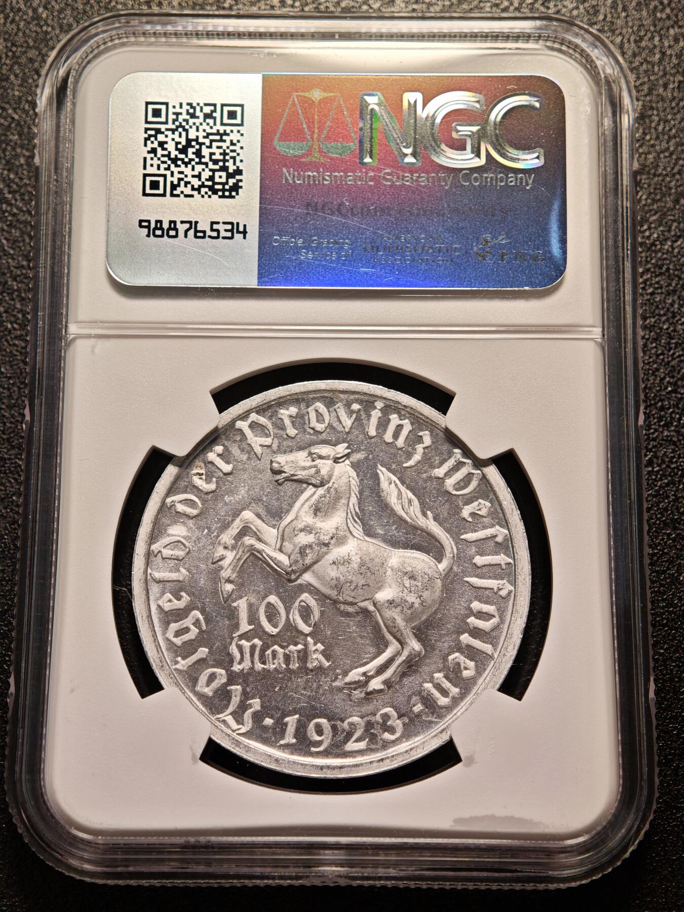【德藏】世界币章拍卖第140期（拍品征集中~欢迎藏友联系） 1923年 德国德紧威斯特法伦女诗人像100马克马币铝币 NGC MS63
