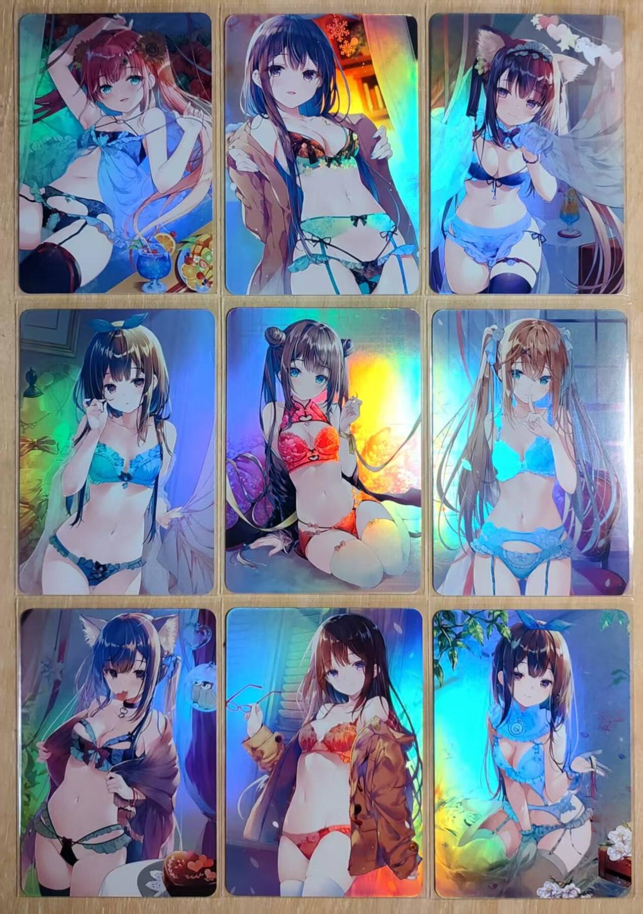 龙虎卡牌第48场 （无佣金，满120包邮，欢迎送拍，摩点开车） 彩闪一套9张 补丁卡牌 内衣女孩系列 都是各种花纹胸衣展示给你看