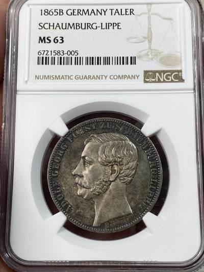 万国钱币拍卖第050期（万国五十期纪念大拍） - NGC MS63 1865年德国绍姆堡-利普天使护盾1泰勒 单年发行7000枚小邦品种 双天使护盾 原味浓郁玫瑰香槟彩包浆 状态极赞