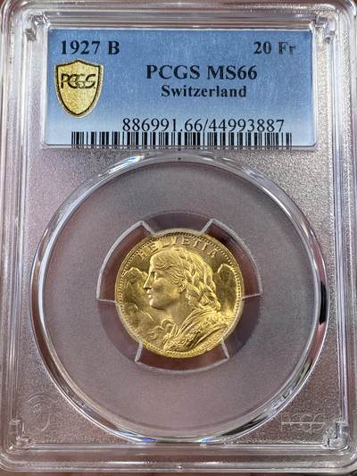 万国钱币拍卖第050期（万国五十期纪念大拍） - PCGS MS66 1927瑞士雪山少女20法郎金币 顶级GEM品相 6.45g 900金