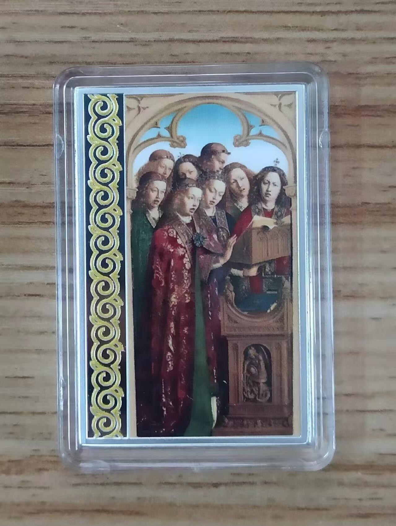 第168期拍卖【长期征集拍品】 纽埃2018年，凡·埃克兄弟 名画,根特组画系列-“歌唱天使”，异形、镀金、彩色精制银币. 盒证全. 高颜值漂亮银币. 大师名画系列银币. 国外售价151美元