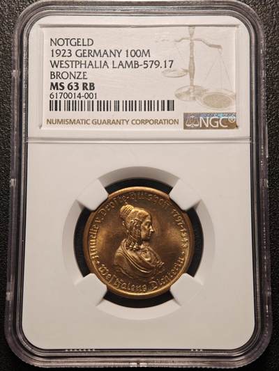 【德藏】世界币章拍卖第140期（拍品征集中~欢迎藏友联系） - 1923年 德国德紧威斯特法伦女诗人像100马克马币铜币 NGC MS63RB