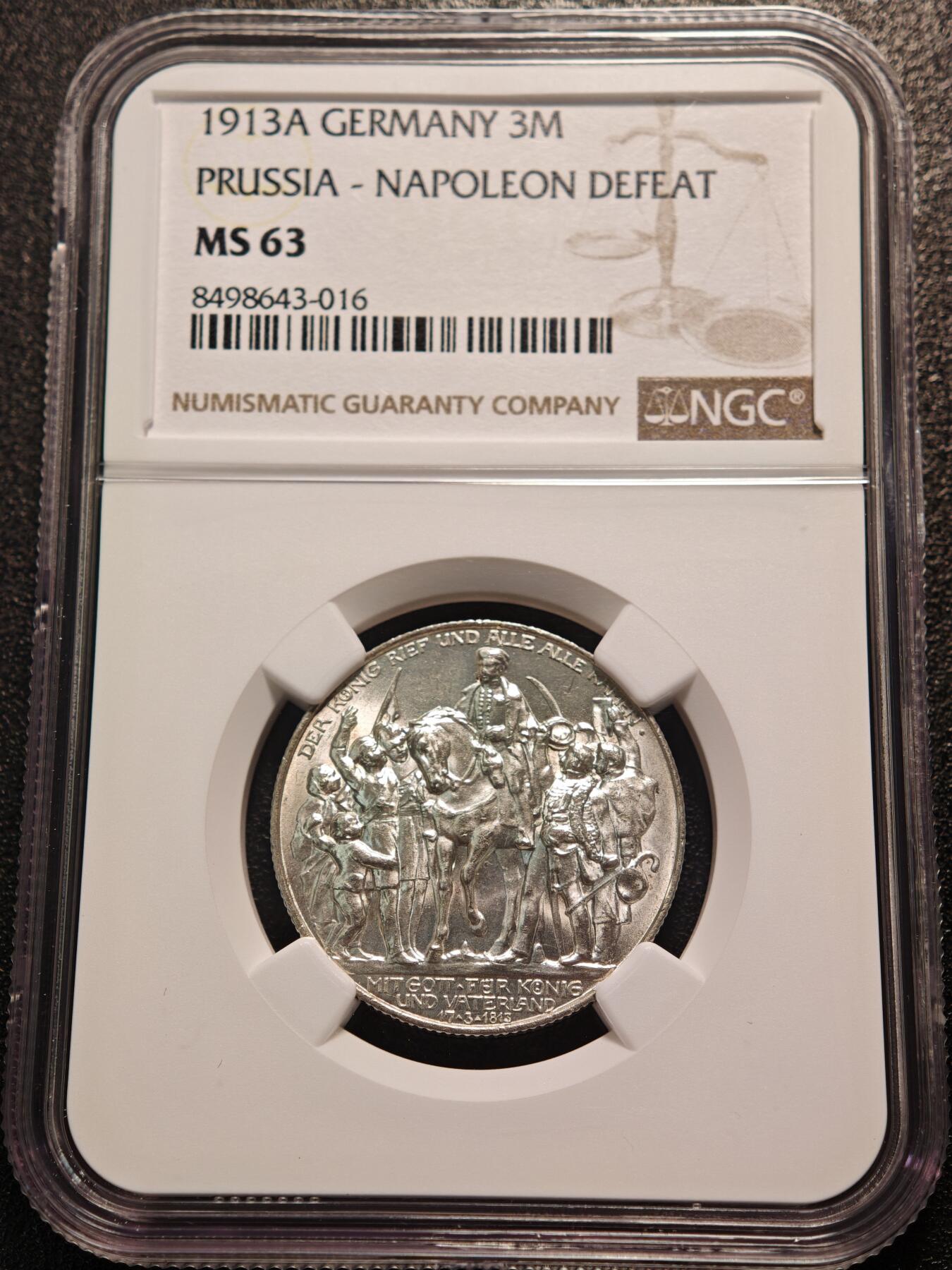 【德藏】世界币章拍卖第140期（拍品征集中~欢迎藏友联系） 1913年 德国普鲁士战胜拿破仑2马克银币 NGC MS63（NGC面值标错）