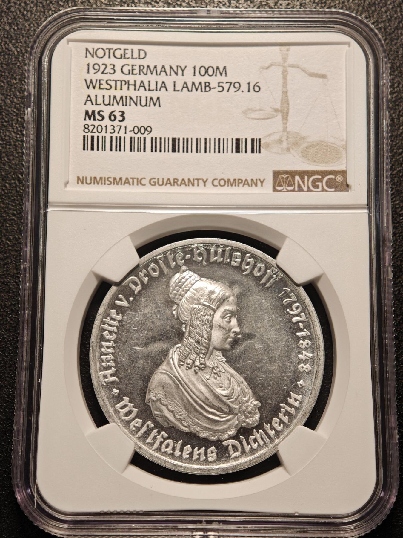 【德藏】世界币章拍卖第140期（拍品征集中~欢迎藏友联系） 1923年 德国德紧威斯特法伦女诗人像100马克马币铝币 NGC MS63