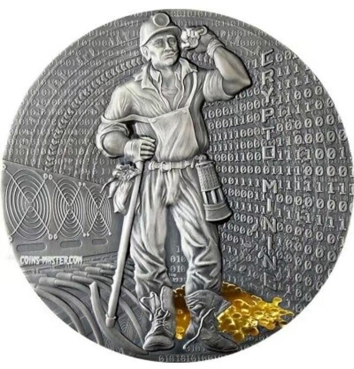 第168期拍卖【长期征集拍品】 纽埃2021，“(0,1 二进制)加密数字货币采矿” , 50克加大(直径达50mm)、高浮雕、仿古、镀金银币. 盒证全. 新颖创新银币.国外原售价310+美元
