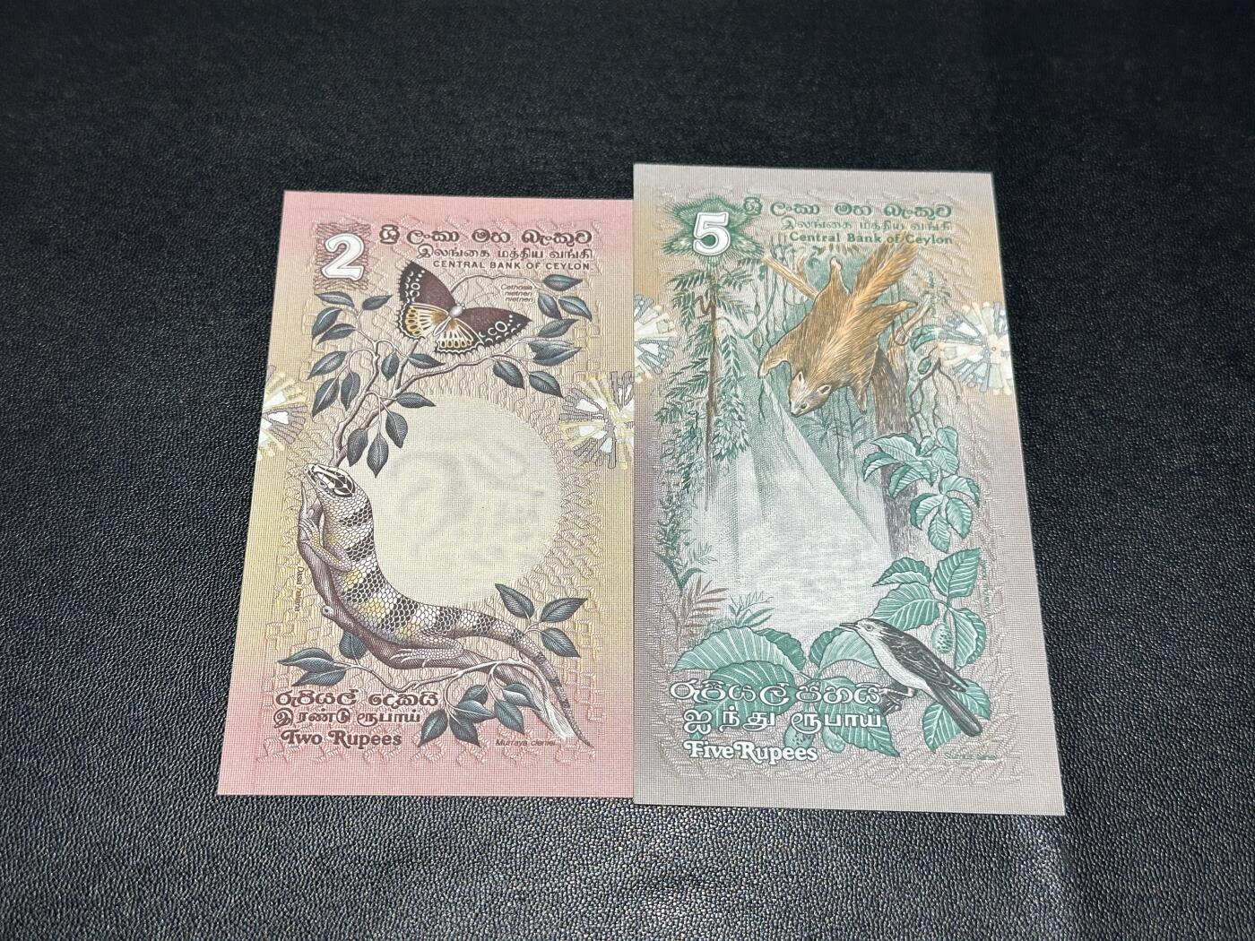 《外钞收藏家》第五百五十三期（本期品种丰富的纪念钞）（本平台长期征集拍品、欢迎藏友们联系合作） 1979年斯里兰卡2和5卢比 2张一起 全新UNC