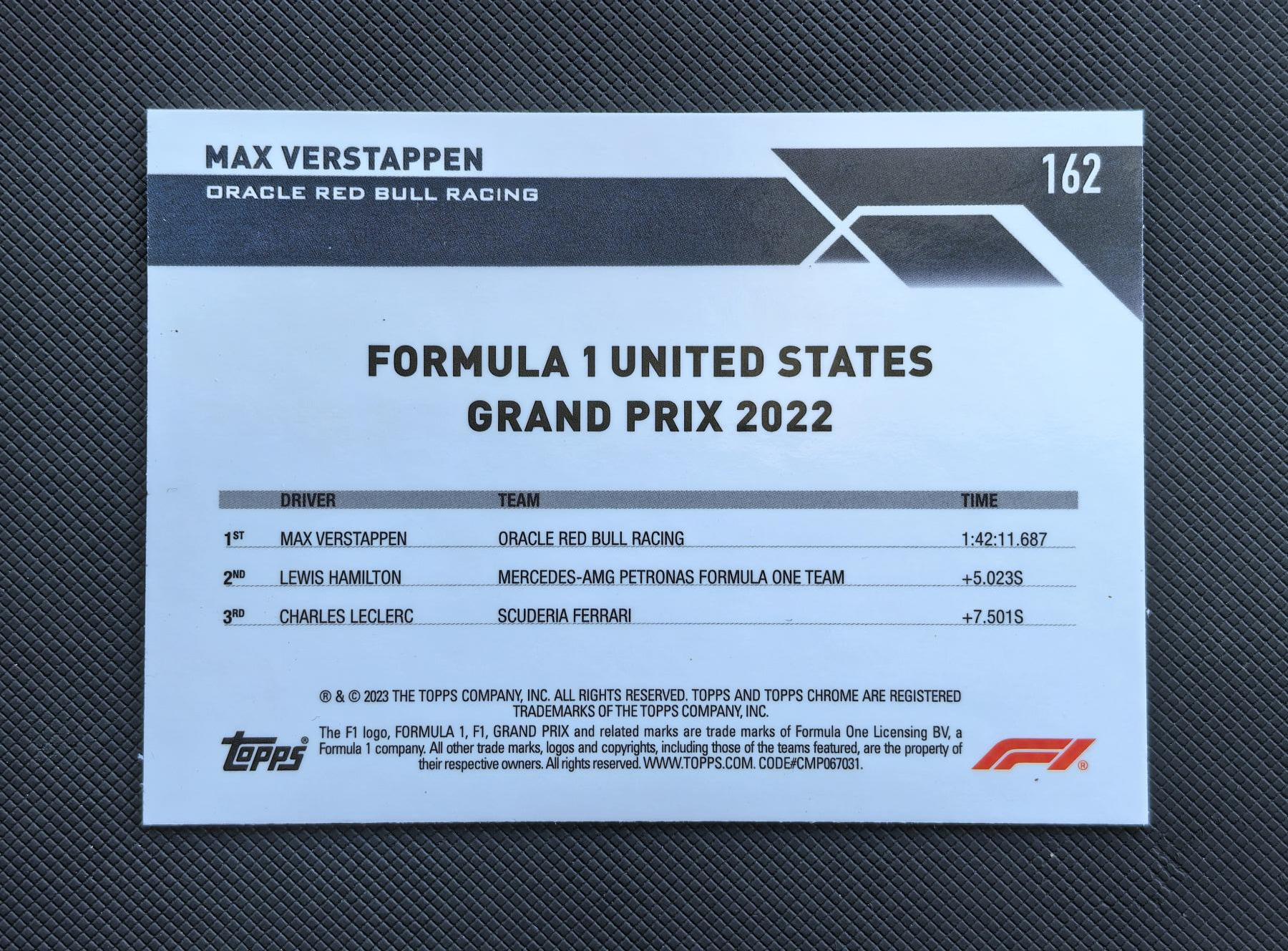 【博洋堂】卡牌拍卖专场第002期 2023 Topps Chrome F1 赛车卡 维斯塔潘 红牛车队 2022年美国大奖赛夺冠 42/50编金折 低编