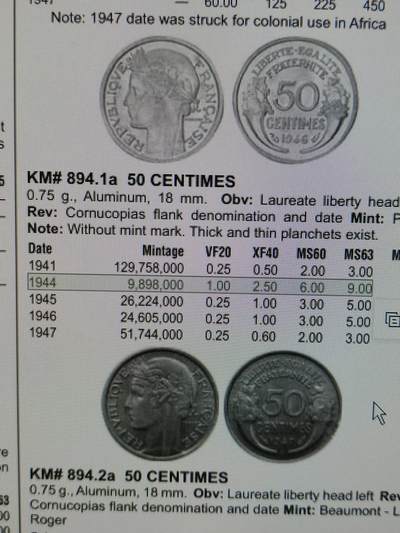 2025年第七十三场(总第九十九场）外国好品散币(免佣金) 稀年–法国🇫🇷1944年50生丁(发行量最少年份)