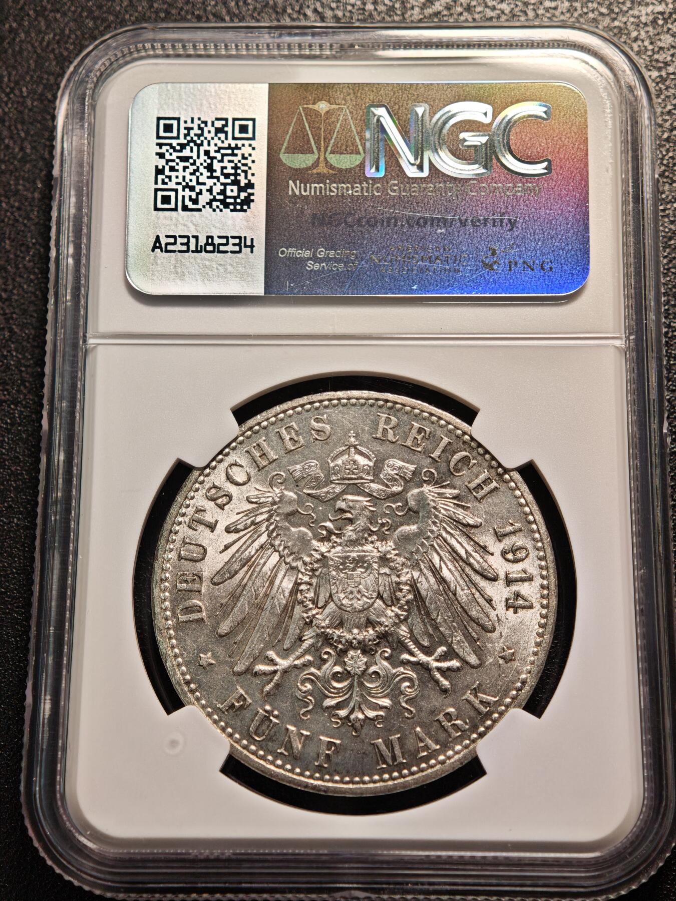 【德藏】世界币章拍卖第140期（拍品征集中~欢迎藏友联系） 1914年 德国普鲁士威廉二世军装5马克大银币 NGC MS63