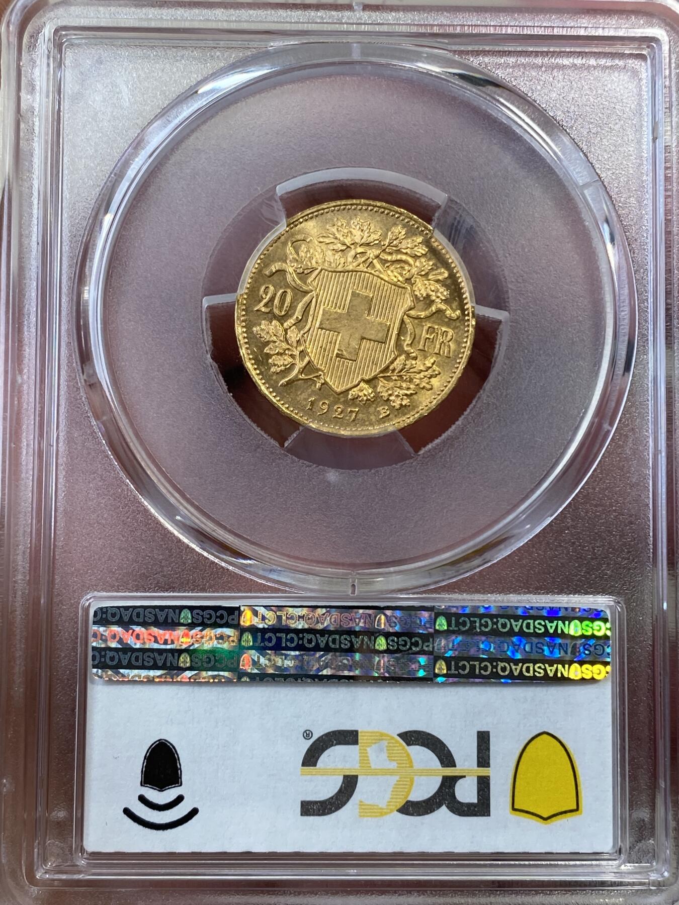 万国钱币拍卖第050期（万国五十期纪念大拍） PCGS MS66 1927瑞士雪山少女20法郎金币 顶级GEM品相 6.45g 900金
