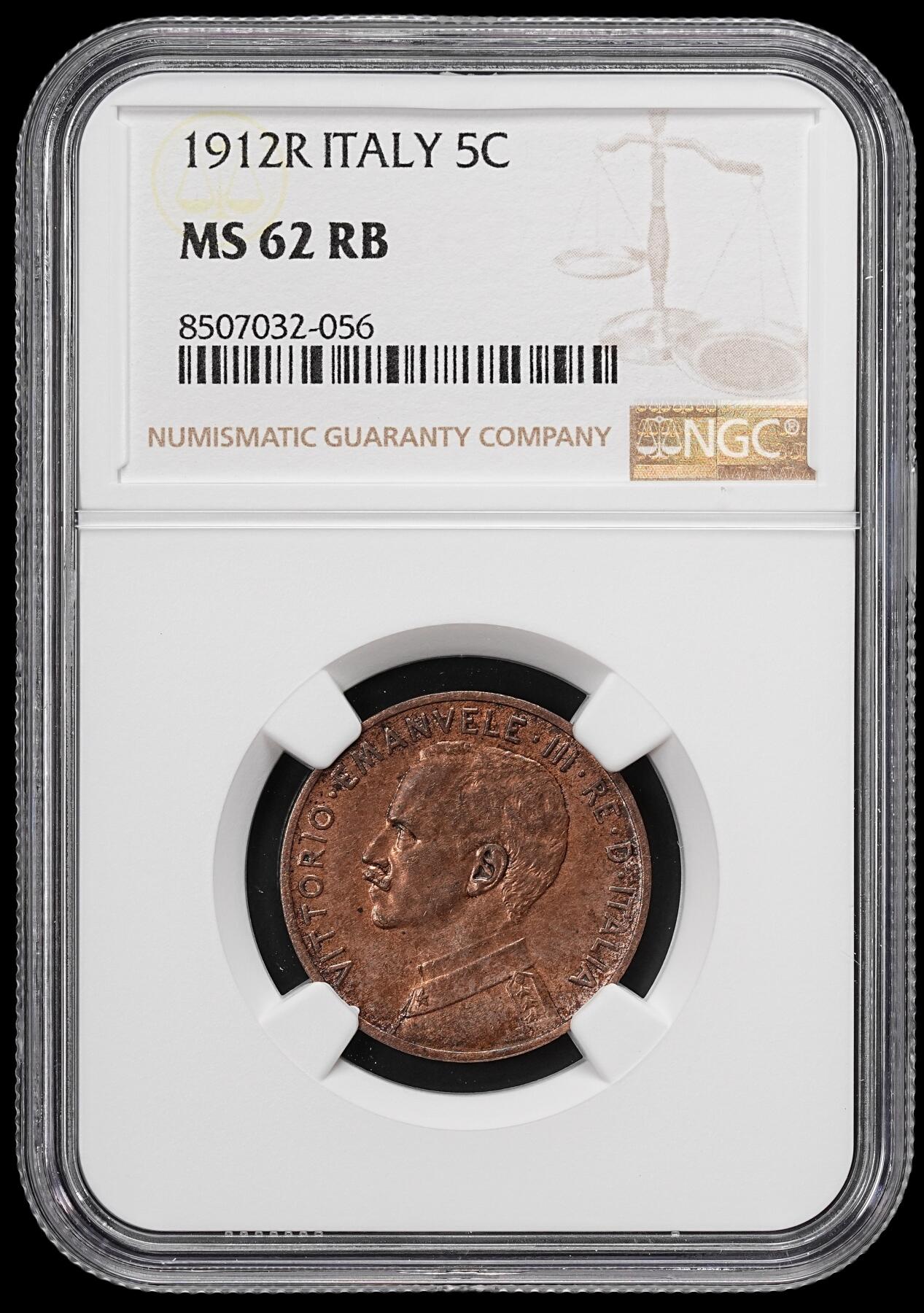 修遠堂世界钱币第七十九期 NGC MS62BN 1912年意大利5分铜币 少见年份 特年